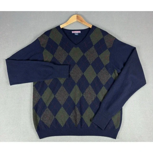 Vineyard Vines Sweater Mens Large Blue Cashmere Argyle Diamond Grandpa Eclectic - Picture 3 of 6